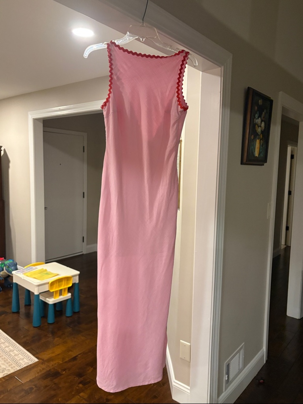 Hello Molly Pink Maxi Dress with Red Scalloped Trim- cotton-linen blend